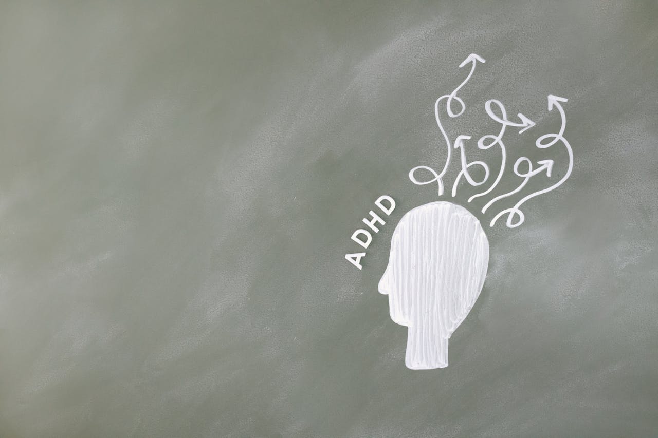 The Art of Drawing Readers In: Your attractive post title goes here Illustration of ADHD and mental process with head-like outline on chalkboard.